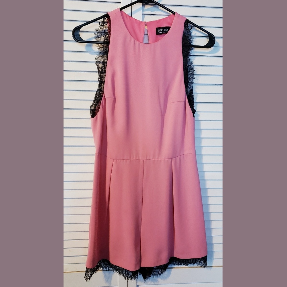 Topshop Women Coral w Black Lace Edging Romper 6.